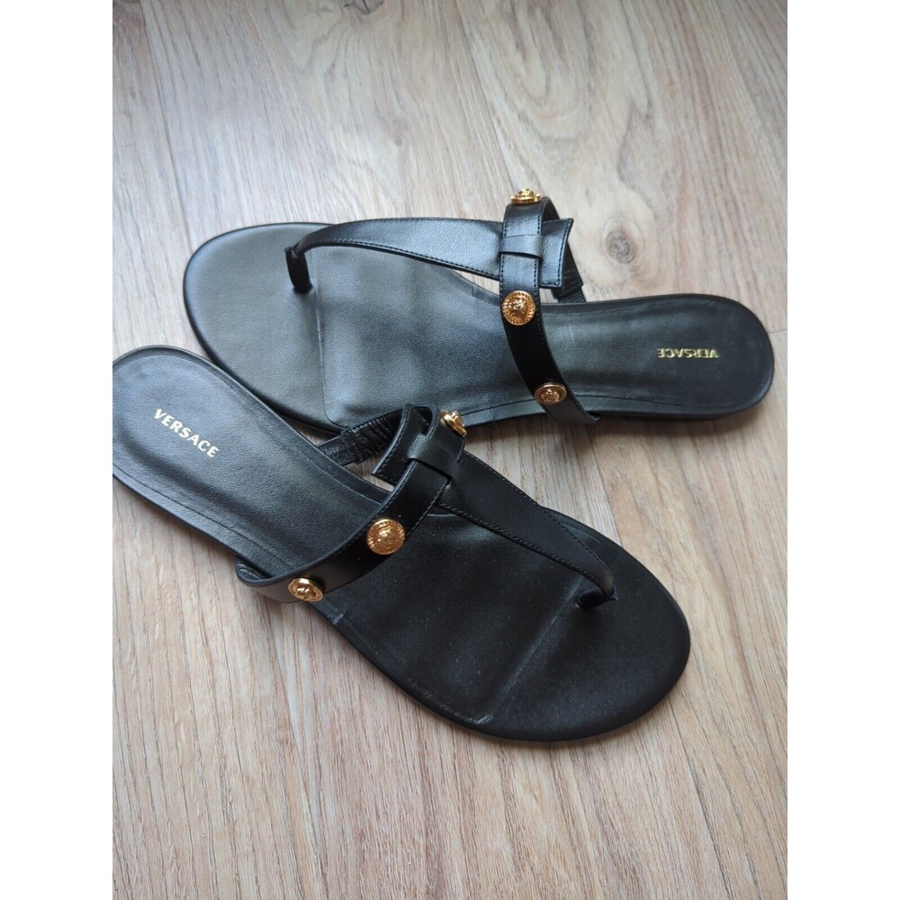 Versace Medusa Studs Flat Thong Sandals Black Leather Womens 10 EU 40 DST669CS - Picture 9 of 14